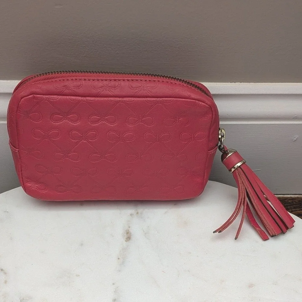 Anya Hindmarch Pink Embossed Bow Leather Cosmetic Makeup Bag Tassel Pouch Clutch - Picture 3 of 6